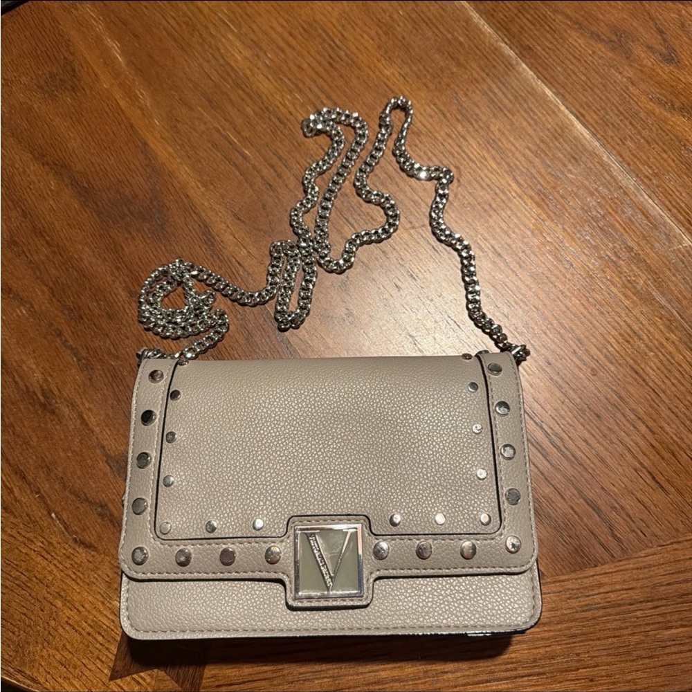 Victoria's Secret Studded V-Logo Crossbody Bag Grey Faux Leather Chain Strap
